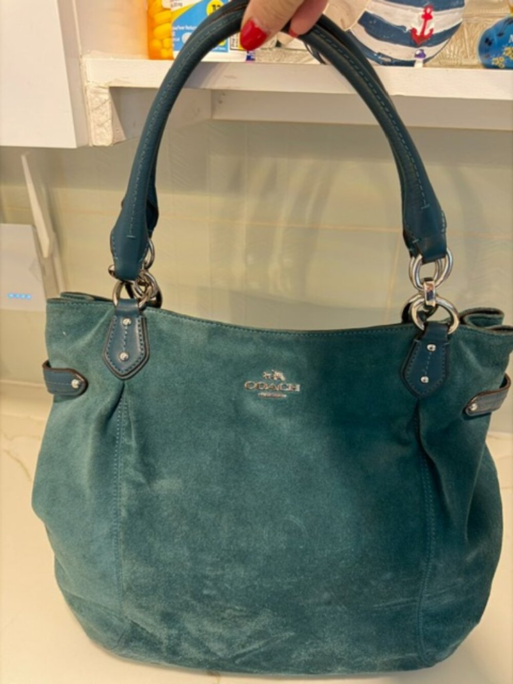 Coach Colette Suede Leather Tote – Style F33450 (Teal)